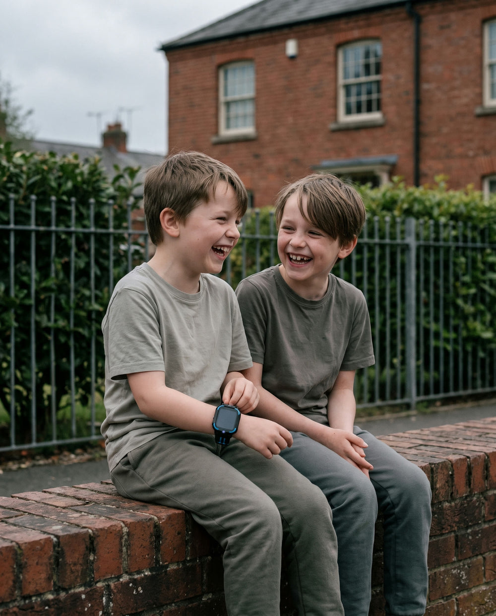 Two children laughing together on a low brick wall outdoors