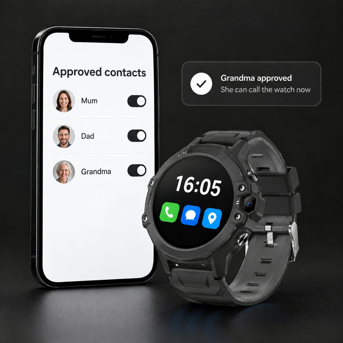 Approved contacts in the parent app, next to the Solvi Active