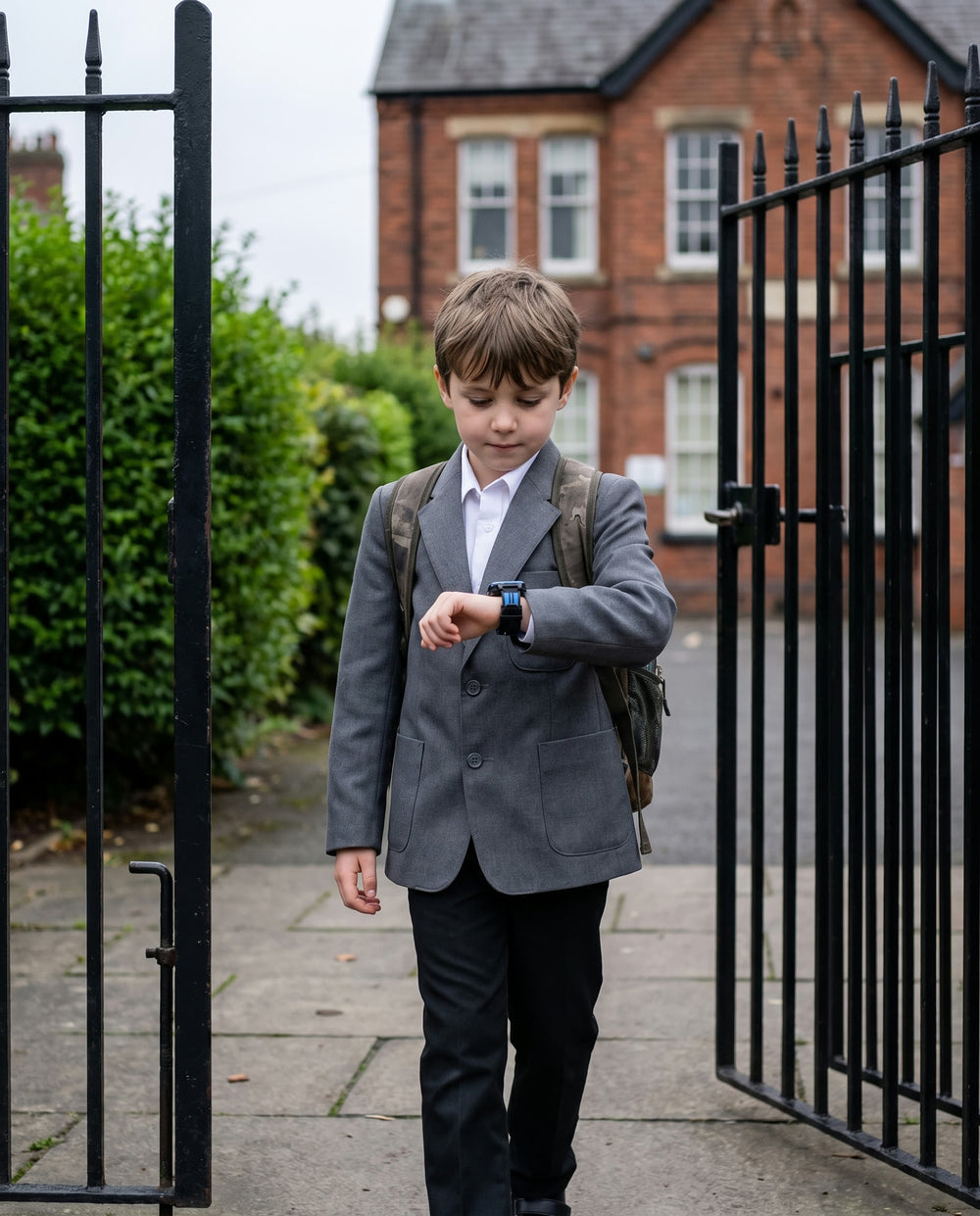 A child in British school uniform walking through a school gate, checking the watch