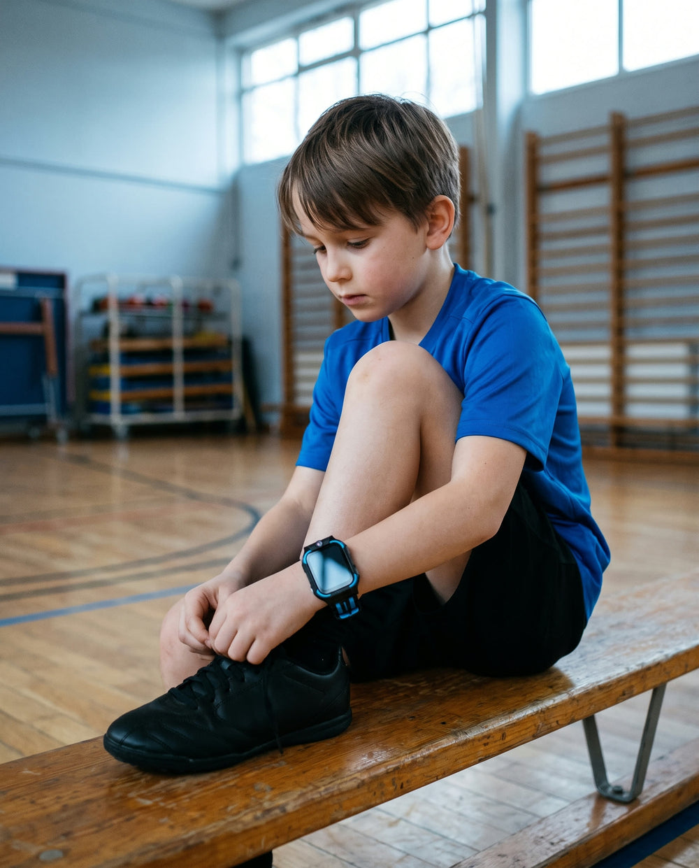 A child in football kit lacing a boot on a sports hall bench, wearing the watch