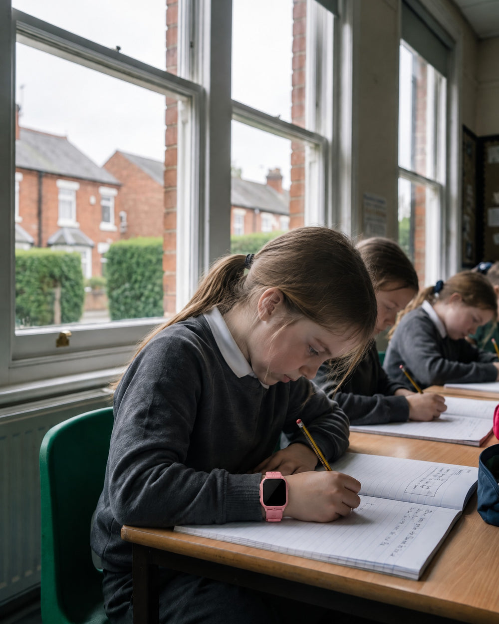Child writing in class, wearing a Solvi Max