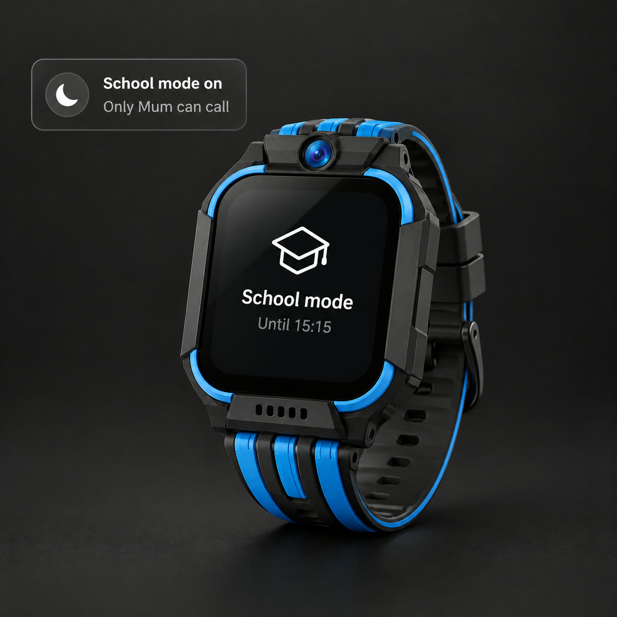 Solvi watch screen showing School mode until 15:15