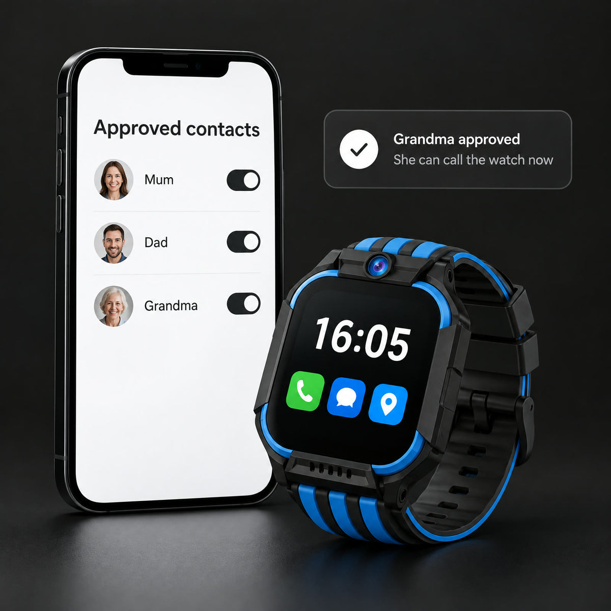 Parent app showing approved contacts next to the Solvi watch