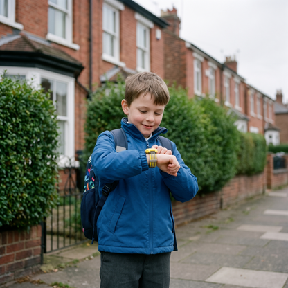 A child on a British street checking the yellow Solvi Split watch