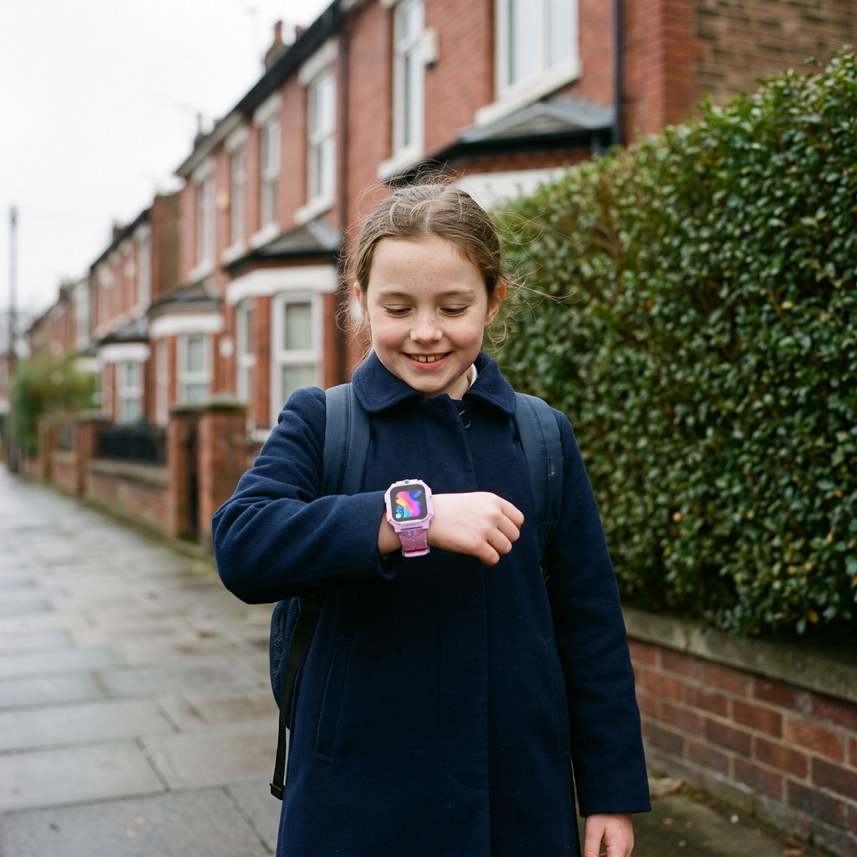 A girl on a British street checking her pink Solvi Split watch
