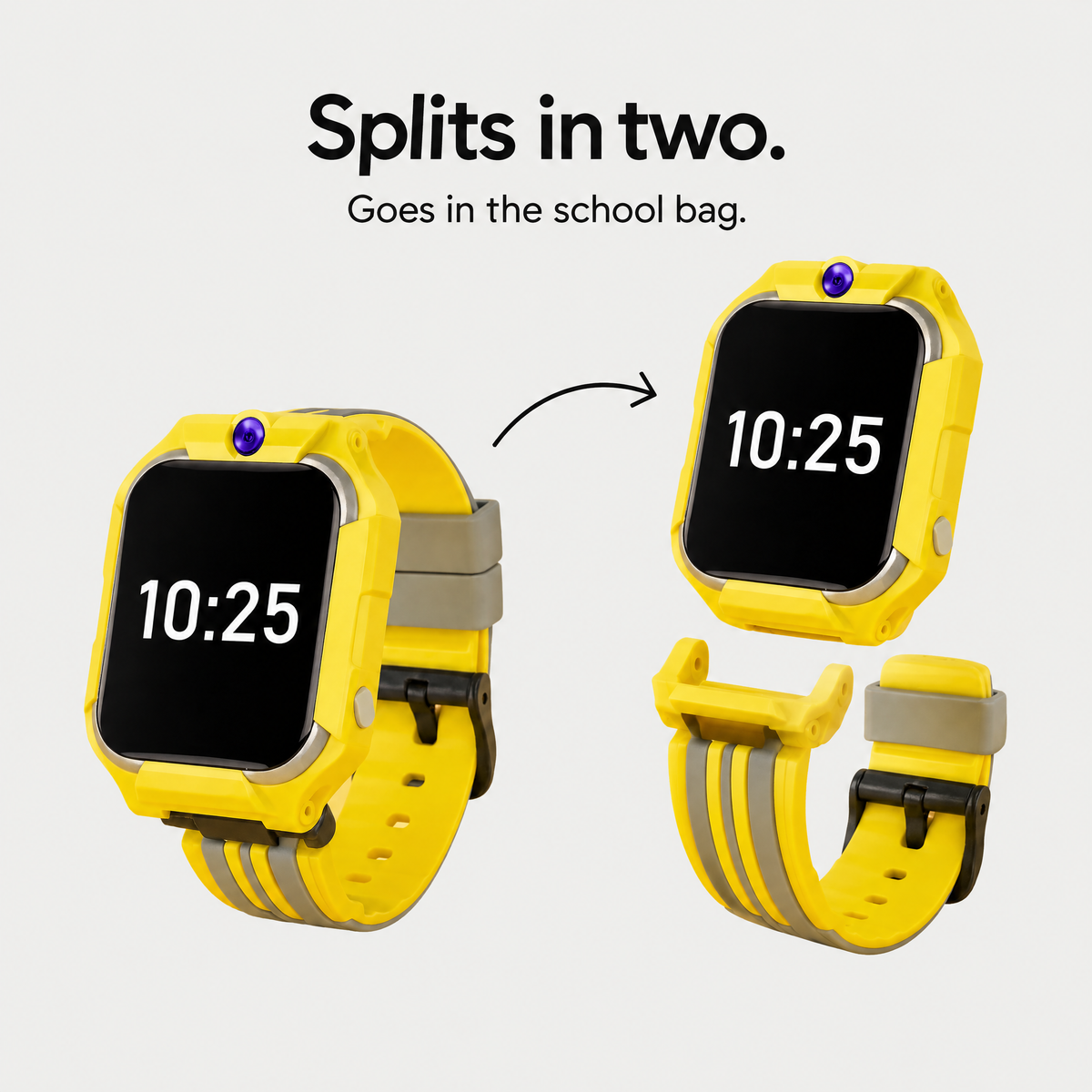 The watch module lifting out of the strap: splits in two, goes in the school bag