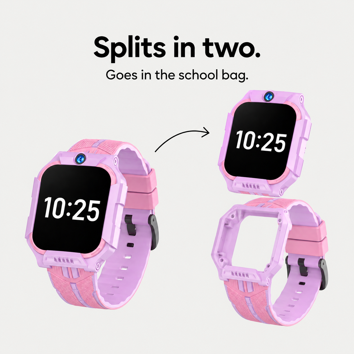 The watch module lifting out of the strap: splits in two, goes in the school bag