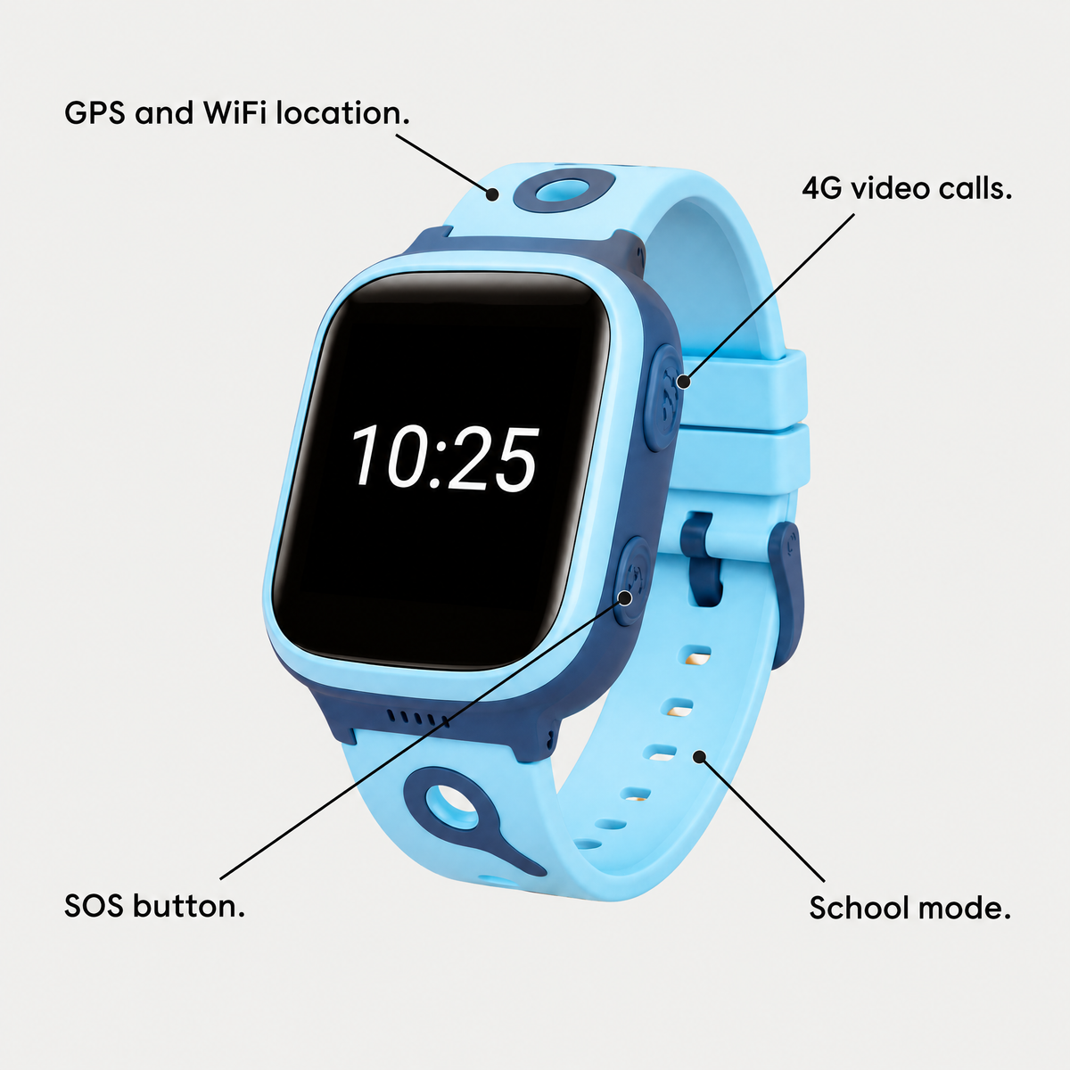 GPS and WiFi location, 4G video calls, SOS button and school mode