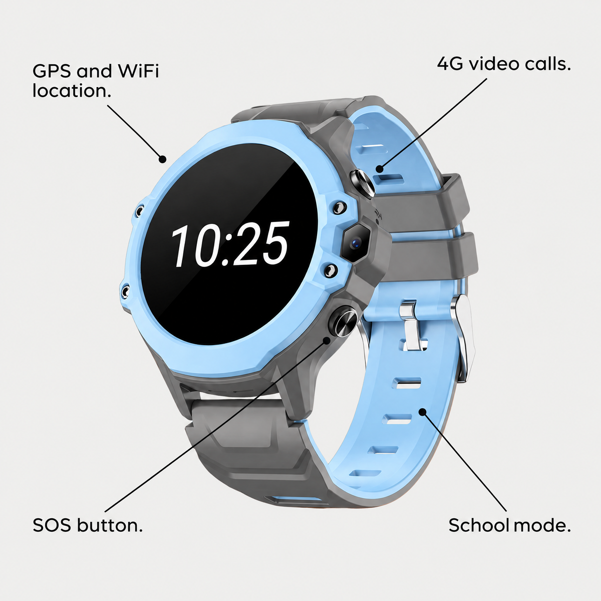 GPS and WiFi location, 4G video calls, SOS button and school mode