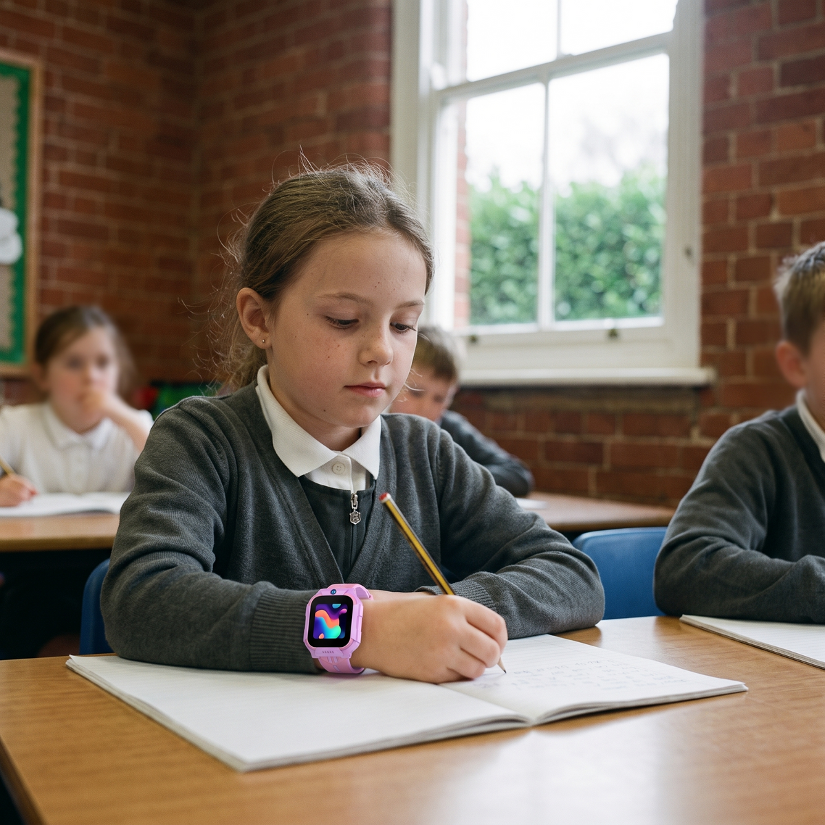 A girl wearing the watch in a British primary classroom