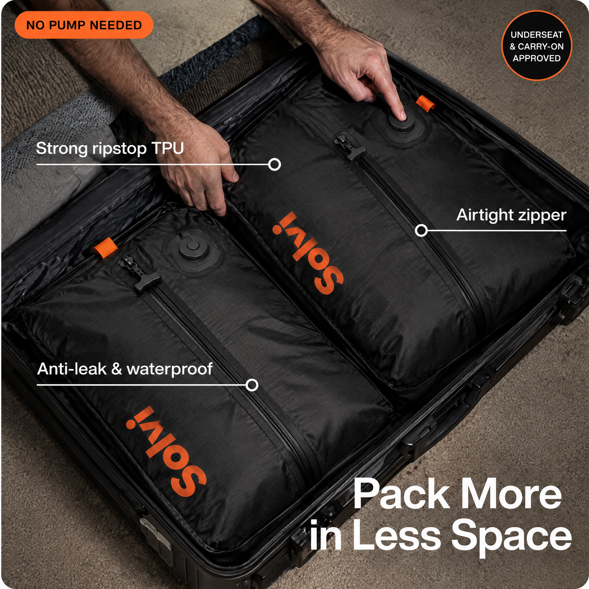 Two Solvi ClickVac bags packed in an open suitcase