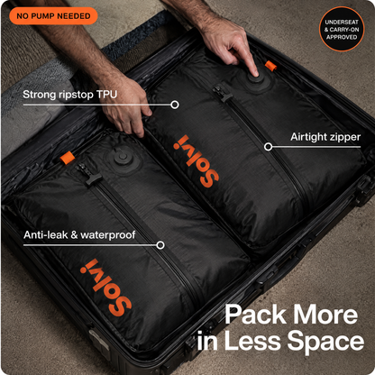 Two Solvi ClickVac bags packed in an open suitcase