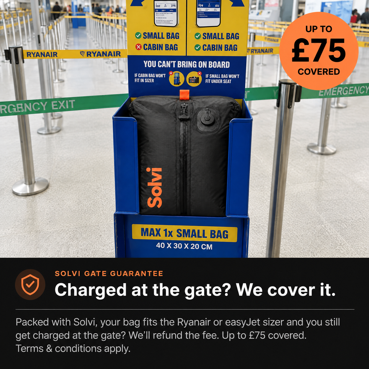 Solvi Gate Guarantee: charged at the gate, we cover it, up to £75