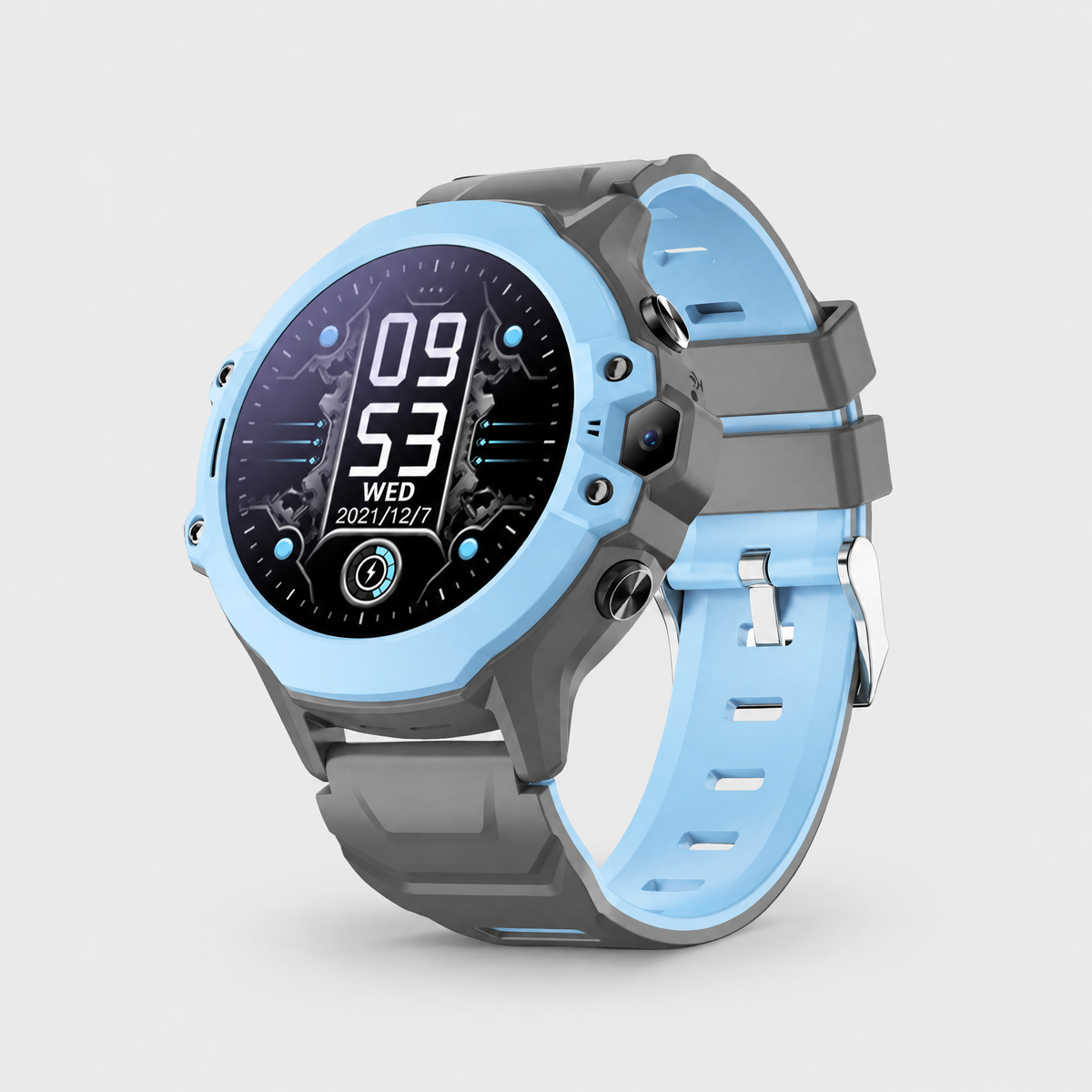 Solvi round kids smartwatch in blue, front three-quarter view on a light grey background