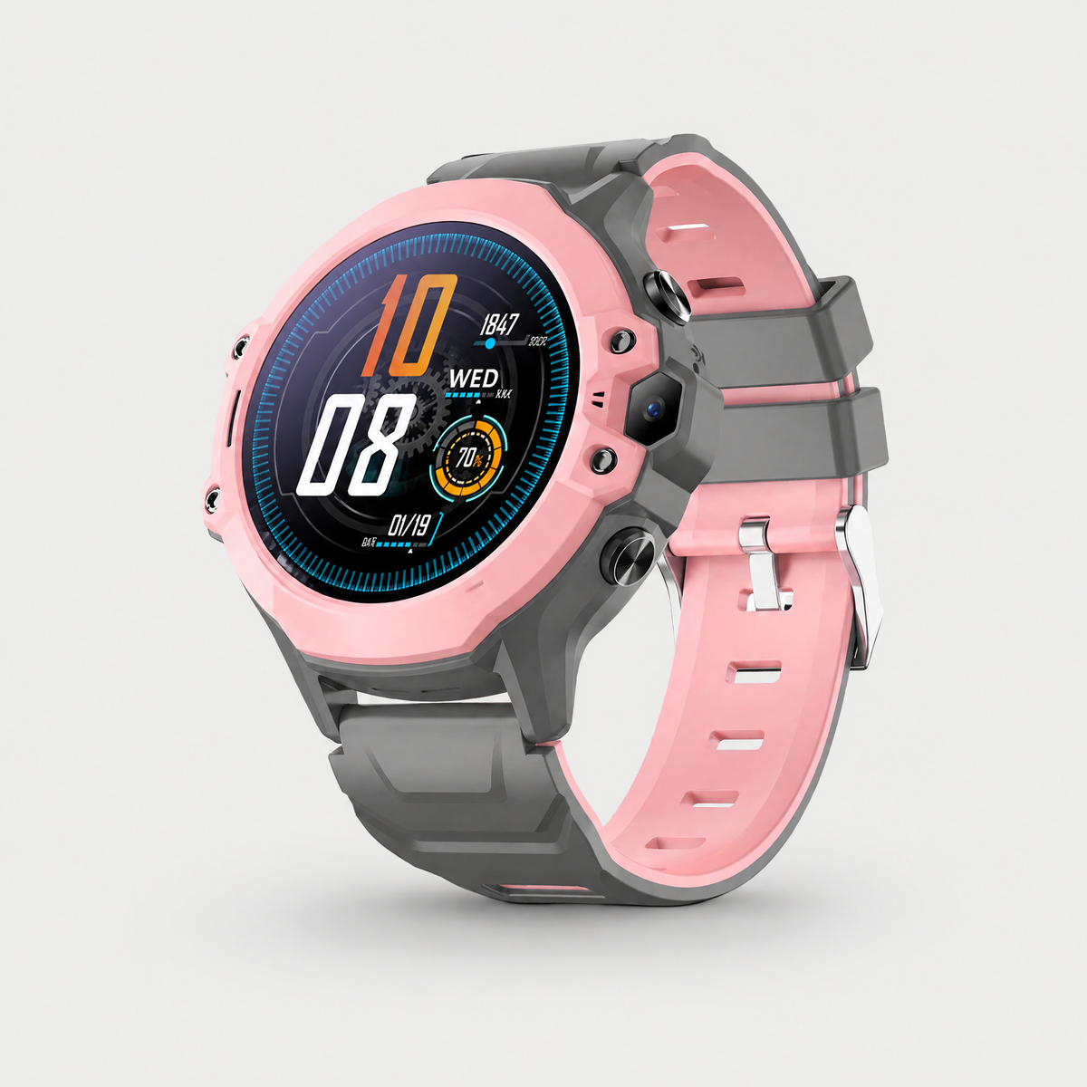 Solvi round kids smartwatch in pink, front three-quarter view on a light grey background