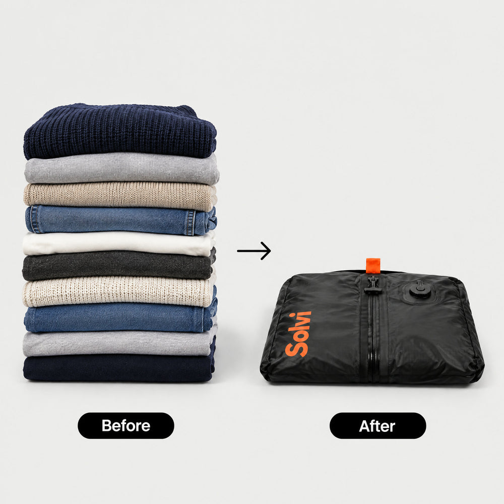 A stack of clothes before, and the same clothes compressed flat in Solvi ClickVac after