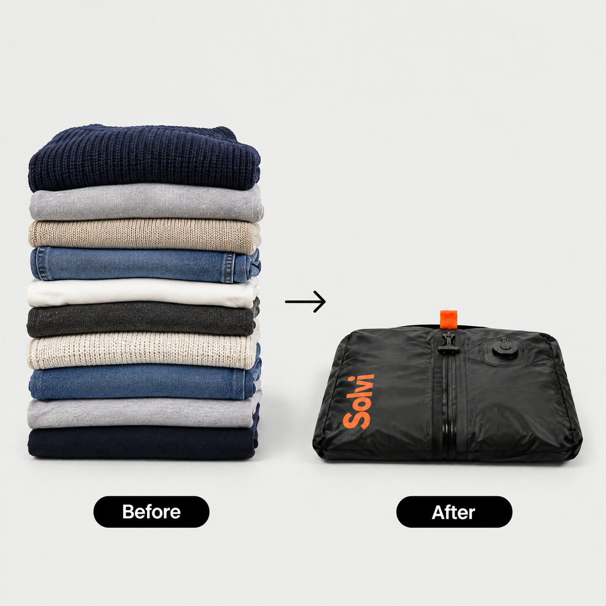 A stack of clothes before, and the same clothes compressed flat in Solvi ClickVac after