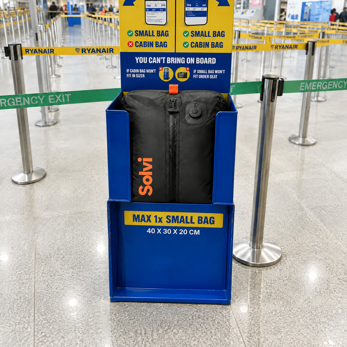 Solvi ClickVac fitting the Ryanair small bag sizer at the gate