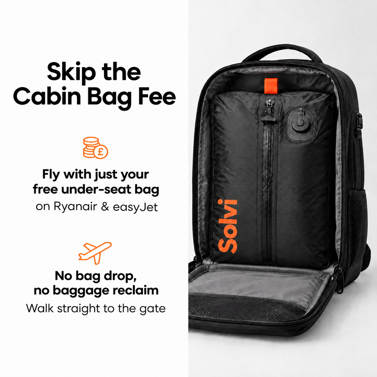 Solvi ClickVac inside a small under-seat backpack