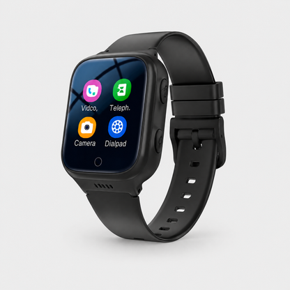 Solvi kids smartwatch in black, front three-quarter view on a light grey background