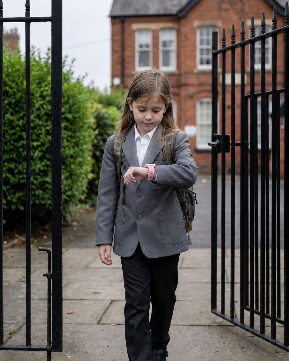 Child leaving through the school gate, checking a Solvi Active
