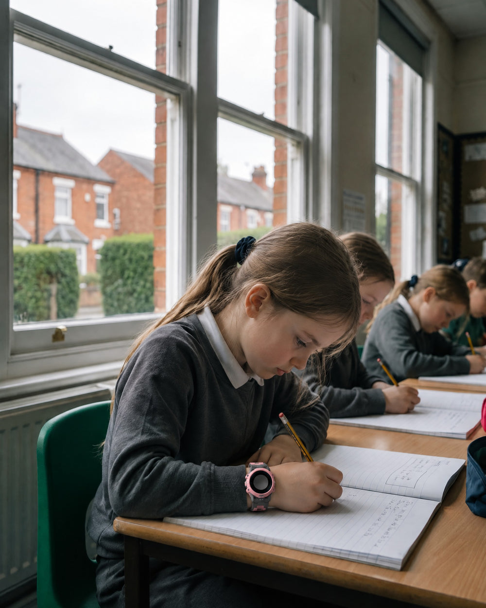 Child writing in class, wearing a Solvi Active