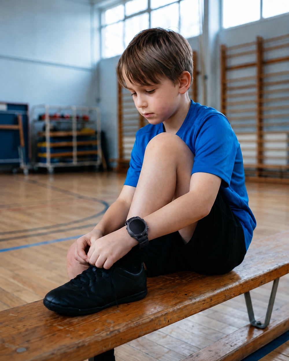 Child tying shoes at an after-school club, wearing a Solvi Active