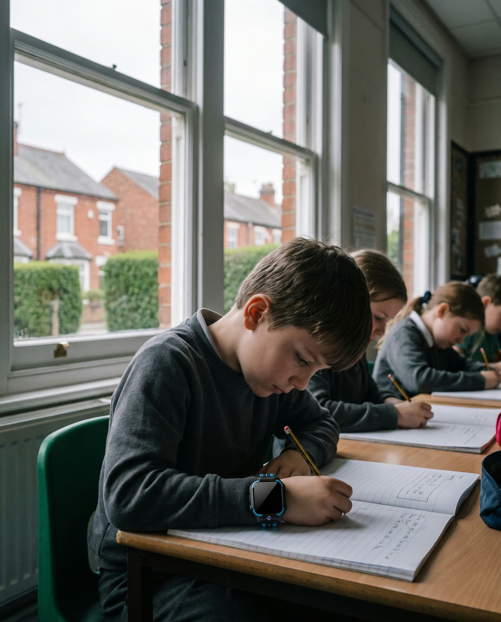 A child writing at a desk in a British primary classroom, watch quiet on the wrist