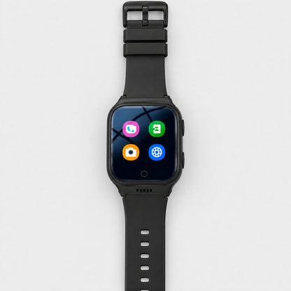 Solvi Max kids smartwatch in black, flat lay with the strap open