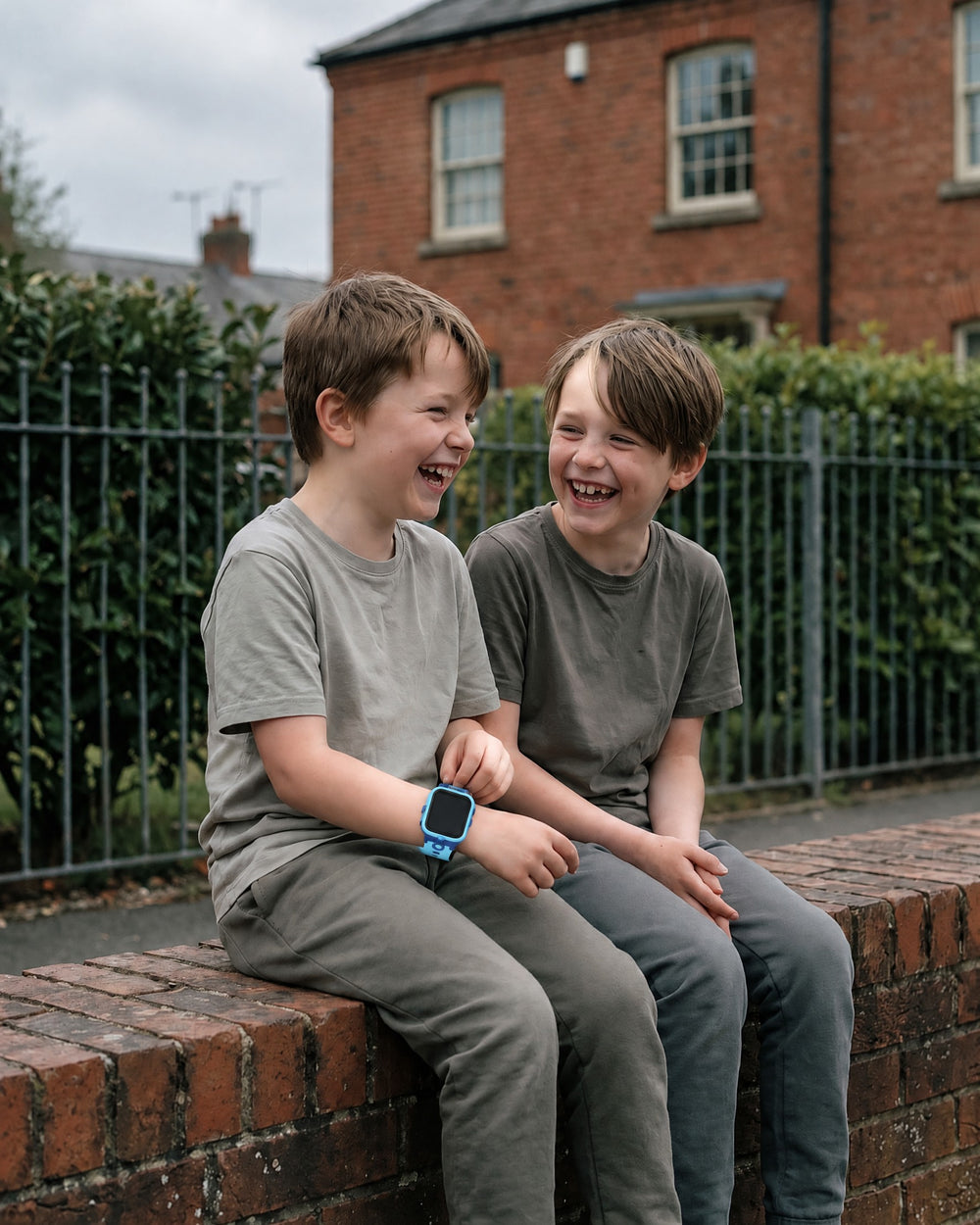 Two friends laughing on a wall, one wearing a Solvi Max