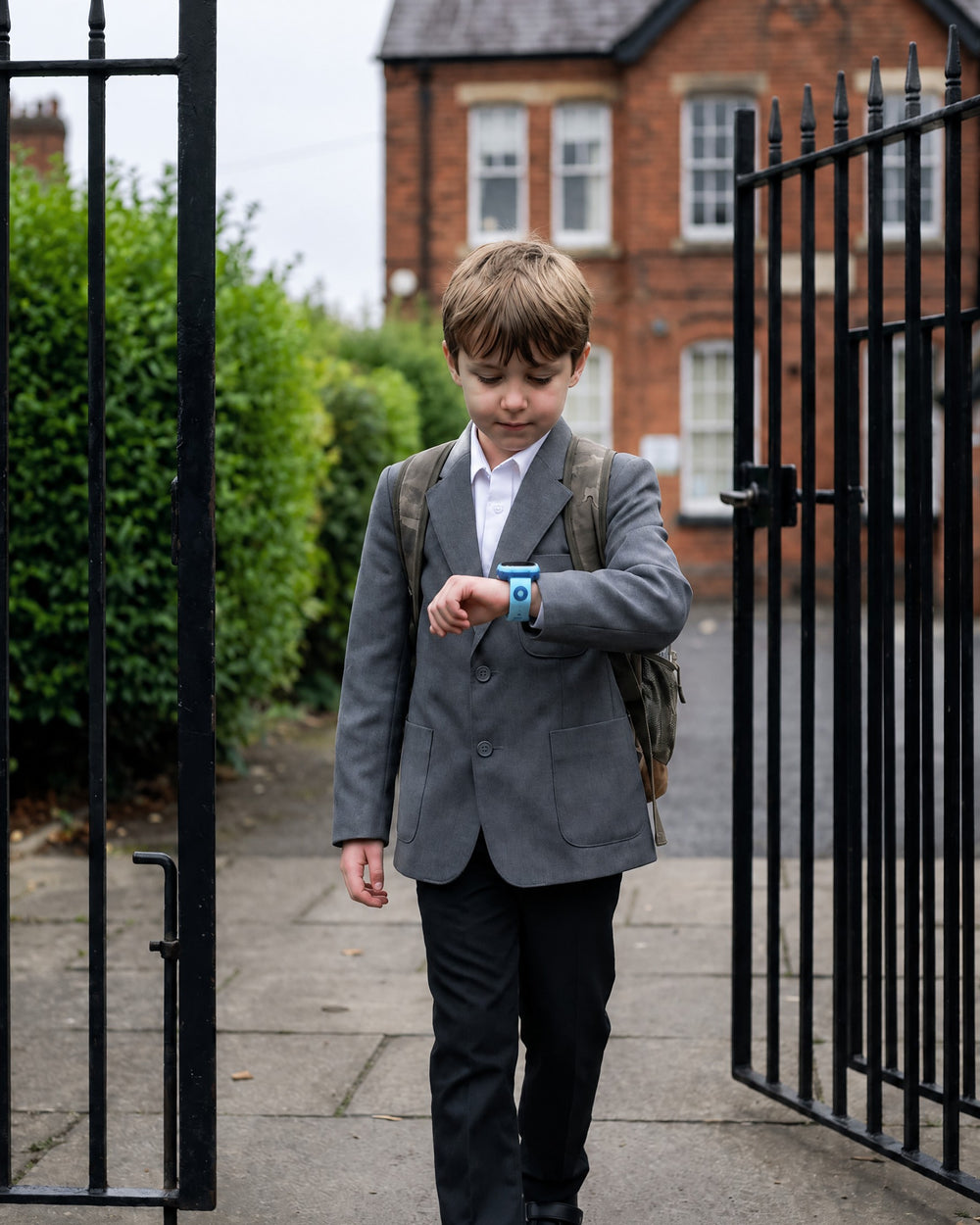 Child leaving through the school gate, checking a Solvi Max