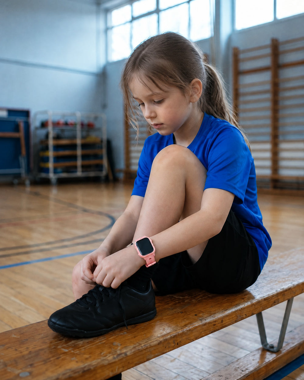 Child tying shoes at an after-school club, wearing a Solvi Max