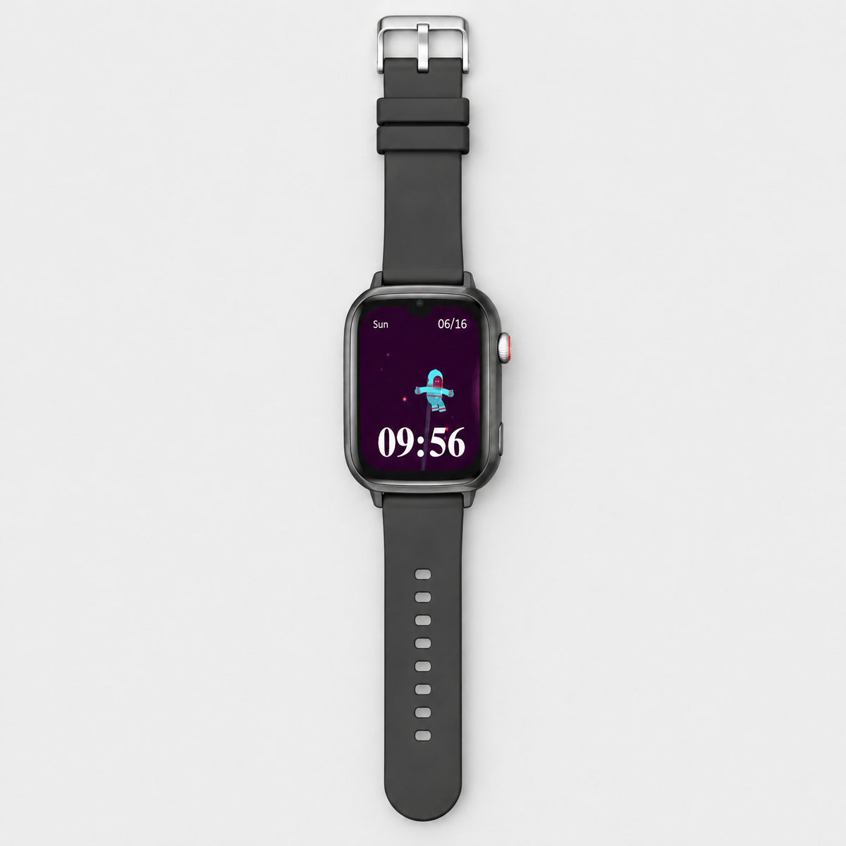 Solvi SE kids smartwatch in black, flat lay with the strap open