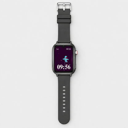 Solvi SE kids smartwatch in black, flat lay with the strap open