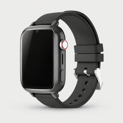 Solvi SE kids smartwatch in black, side view on a light grey background