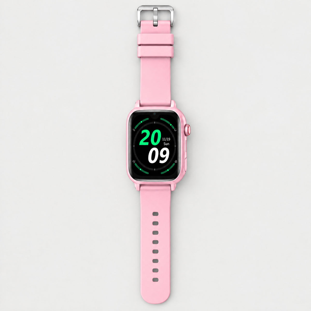 Solvi SE kids smartwatch in pink, flat lay with the strap open