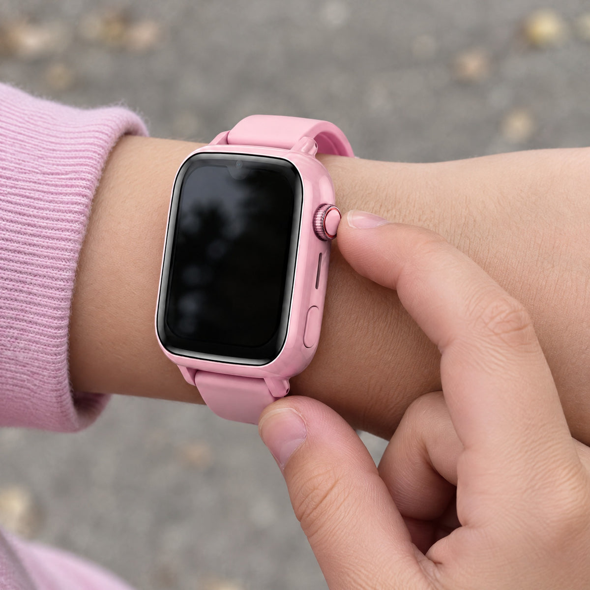 Solvi SE kids smartwatch in pink on a child's wrist, outdoors