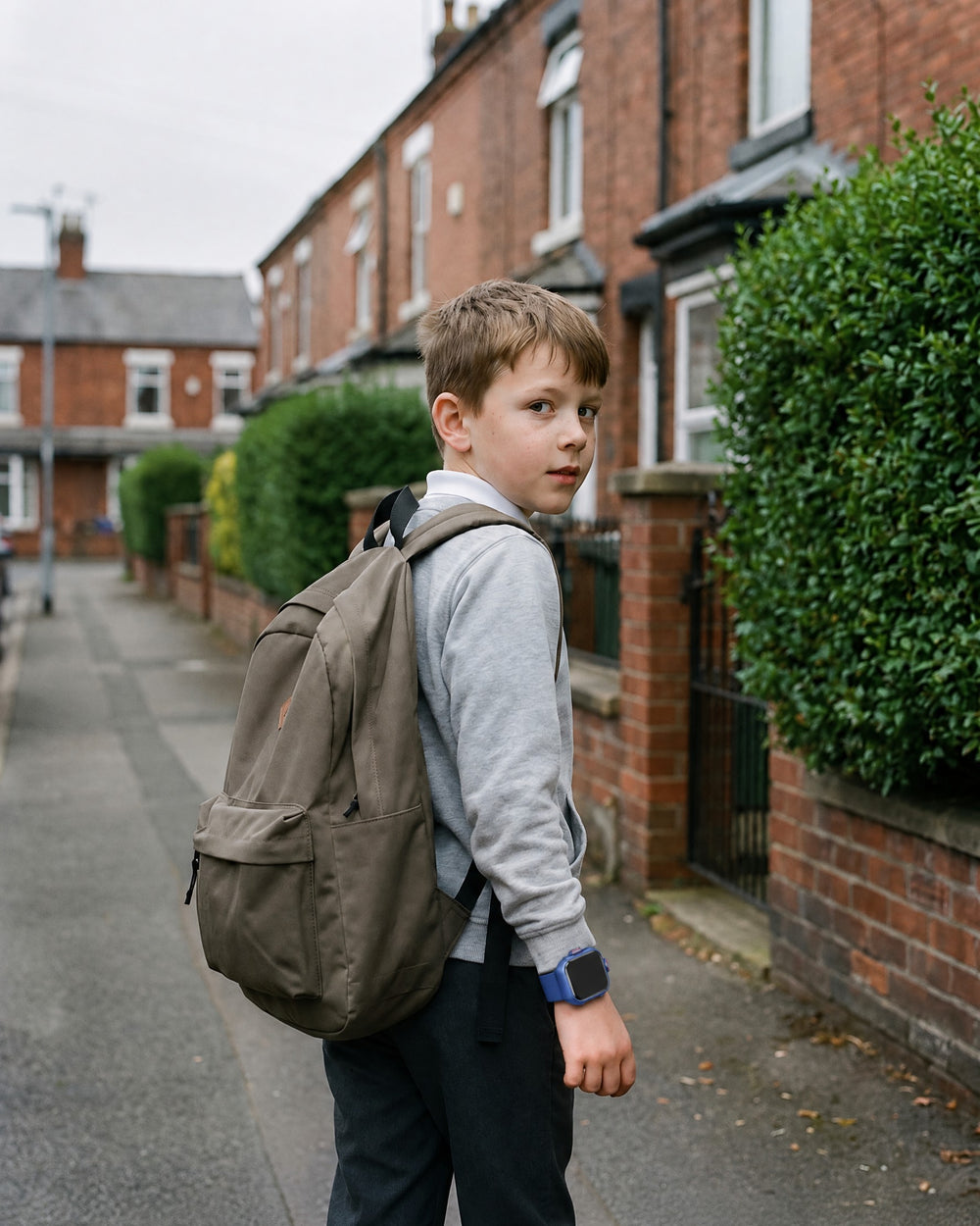 Child walking home alone, wearing a Solvi SE