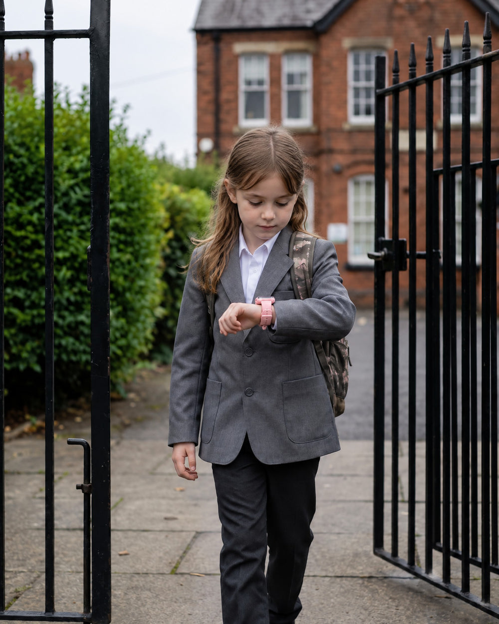 Child leaving through the school gate, checking a Solvi SE