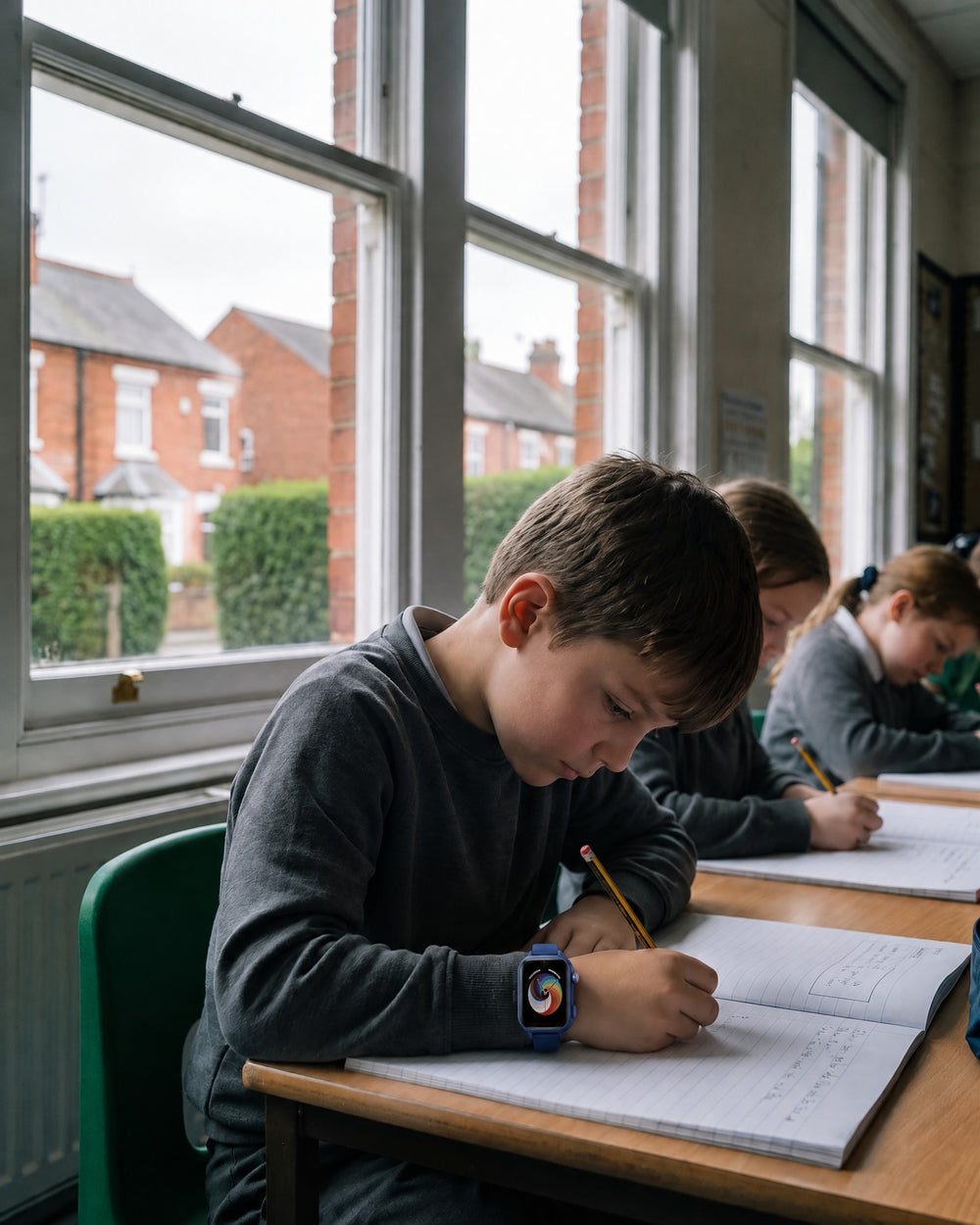 Child writing in class, wearing a Solvi SE