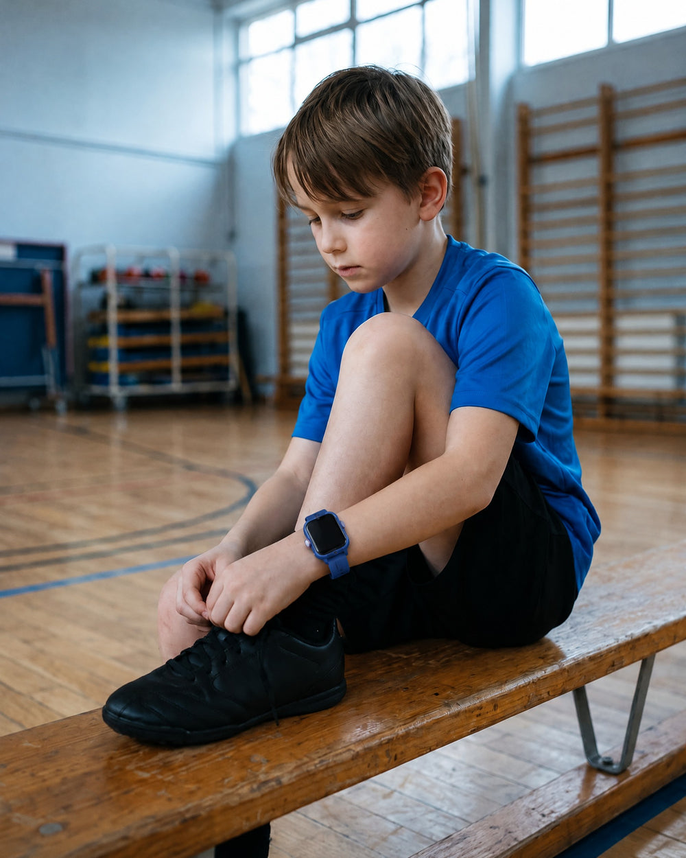 Child tying shoes at an after-school club, wearing a Solvi SE