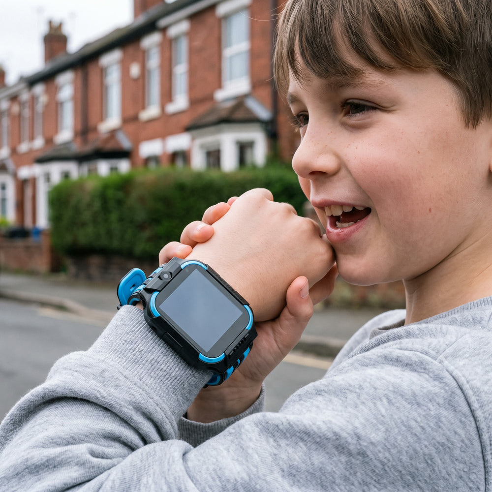 A boy raising his wrist to make a video call on his Solvi watch on a British street