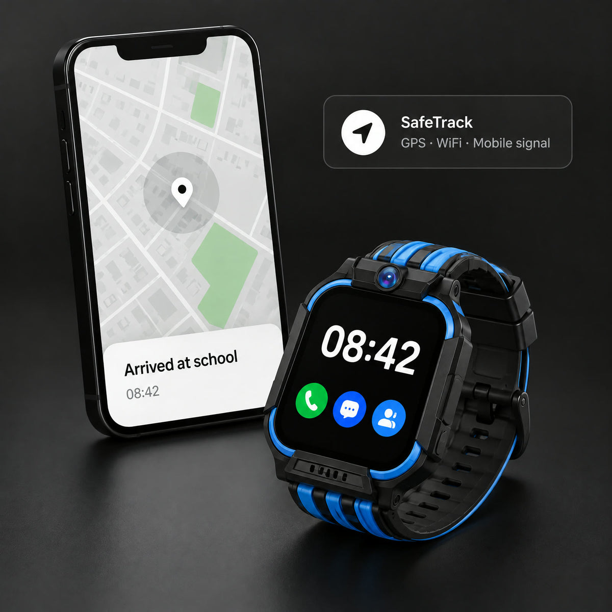 Solvi watch next to a parent's phone showing the child arrived at school