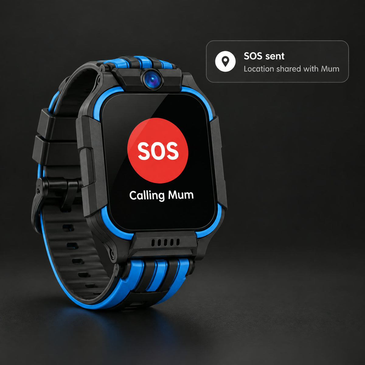 Solvi watch screen showing the SOS button calling Mum