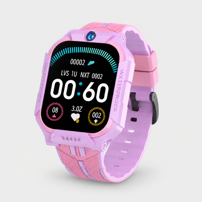 Solvi kids smartwatch in pink, front three-quarter view on a light grey background