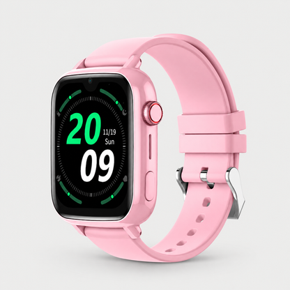 Solvi kids smartwatch in pink, front three-quarter view on a light grey background